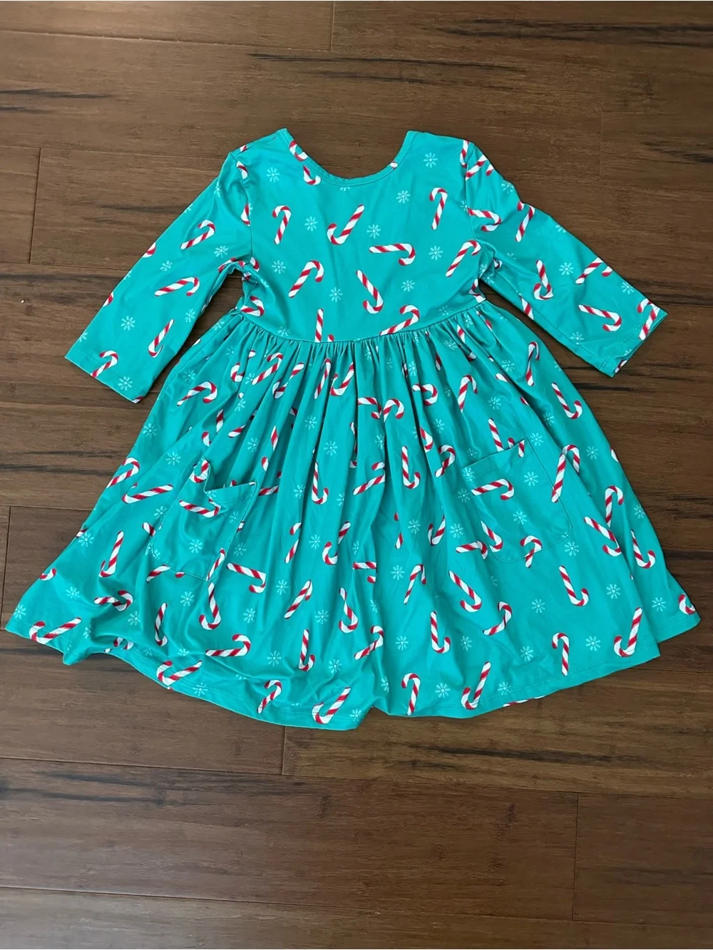 Mila & Rose Girls' Green Candy Cane Print Holiday Christmas Dress - 3/4 sleeve